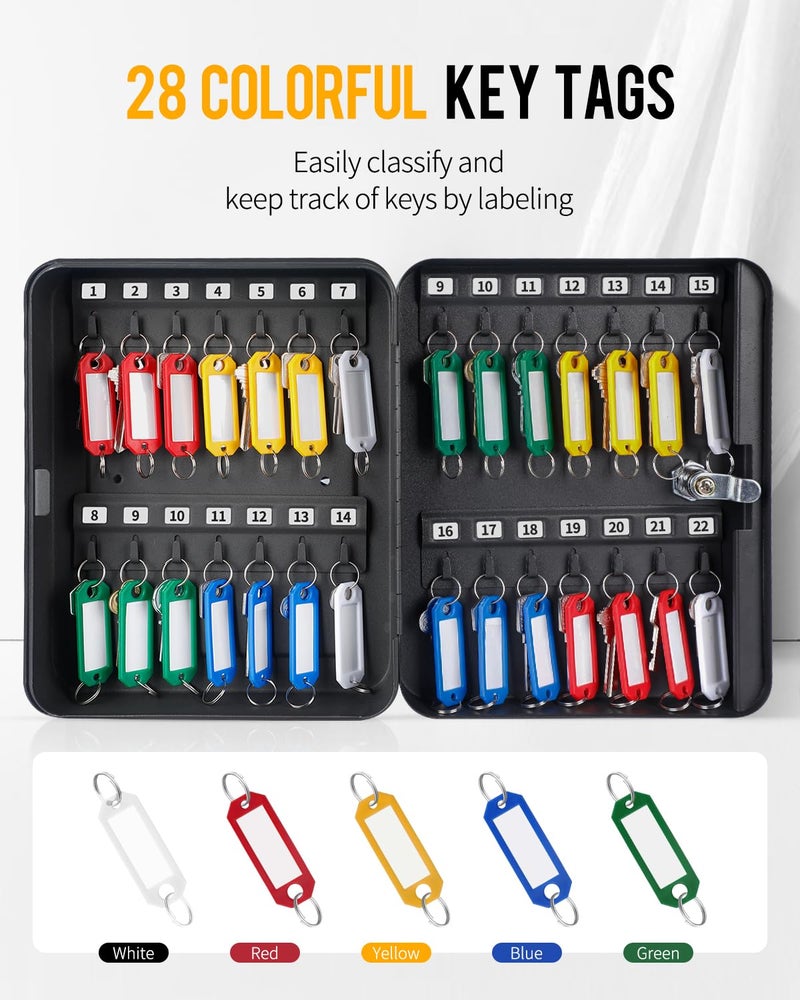 Uniclife Steel Key Cabinet Wall Mounted Organizer - 28 Keys, 2 Unlocking Keys - Black Frosted Security Box with Hooks and Color-Coded Labels - Image 2